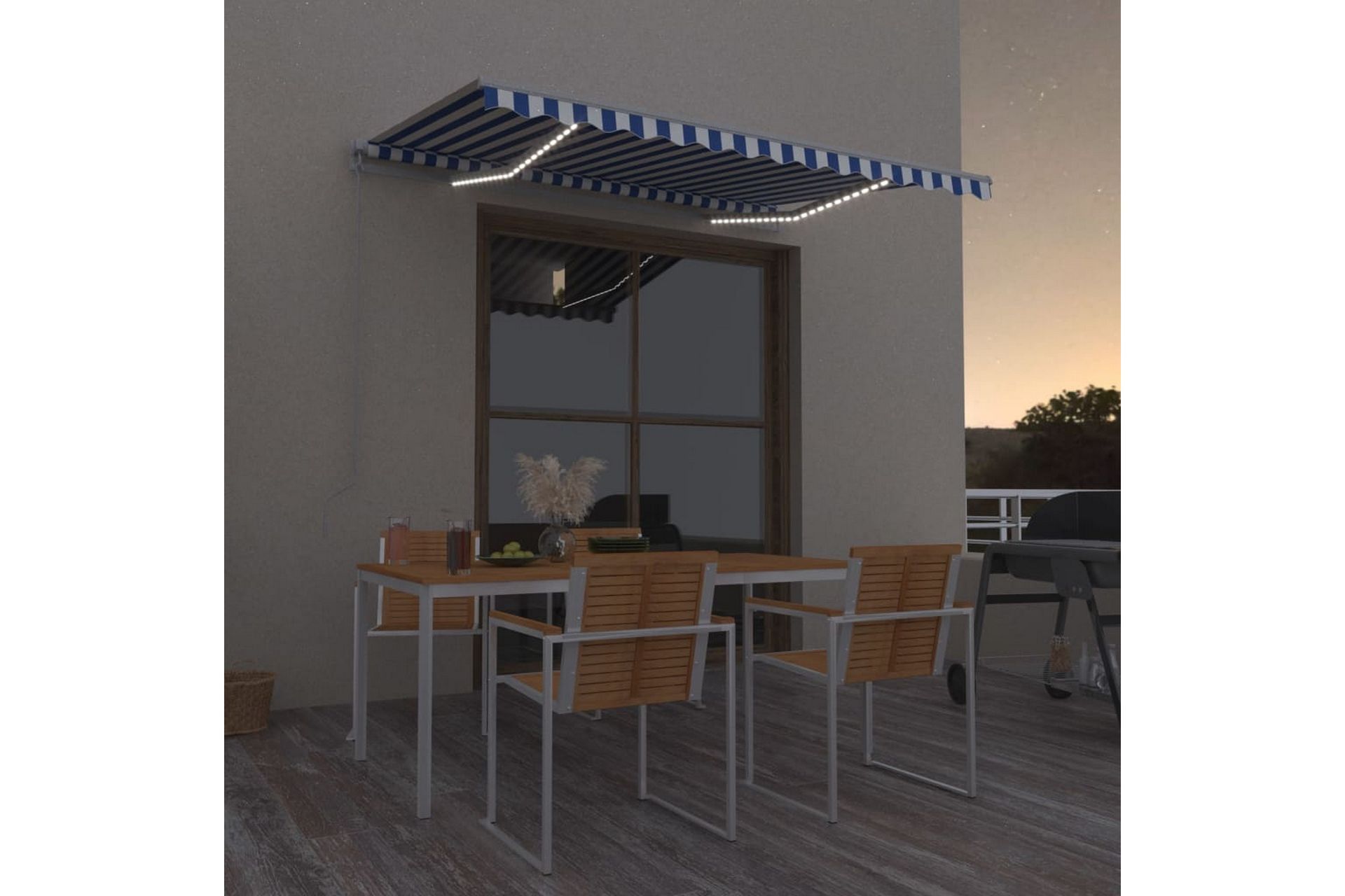 Manuell uttrekkbar markise med LED 300x250 cm blå og hvit - Blå - Hagemøbler - Solbeskyttelse - Markiser - Balkongmarkise