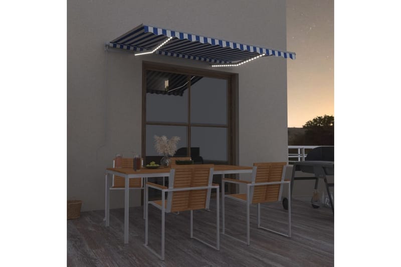 Manuell uttrekkbar markise med LED 300x250 cm blå og hvit - Blå - Hagemøbler - Solbeskyttelse - Markiser - Balkongmarkise