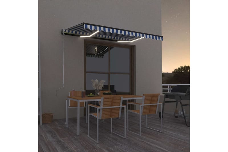 Manuell uttrekkbar markise med LED 400x300 cm blå og hvit - Blå - Hagemøbler - Solbeskyttelse - Markiser - Balkongmarkise