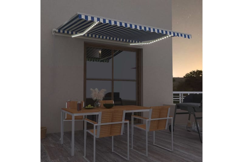 Manuell uttrekkbar markise med LED 400x350 cm blå og hvit - Blå - Hagemøbler - Solbeskyttelse - Markiser - Balkongmarkise