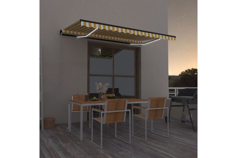Manuell uttrekkbar markise med LED 450x350 cm gul og hvit - Gul - Hagemøbler - Solbeskyttelse - Markiser - Balkongmarkise
