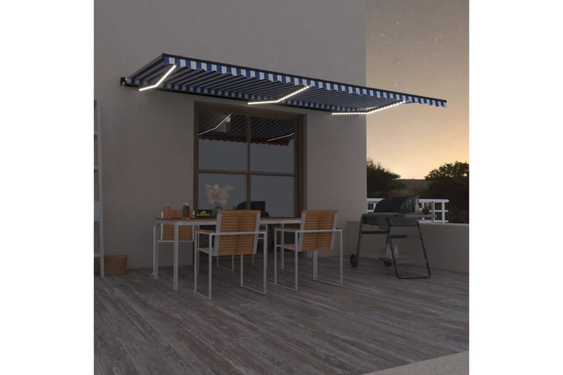 Manuell uttrekkbar markise med LED 600x350 cm blå og hvit - Blå - Hagemøbler - Solbeskyttelse - Markiser - Balkongmarkise