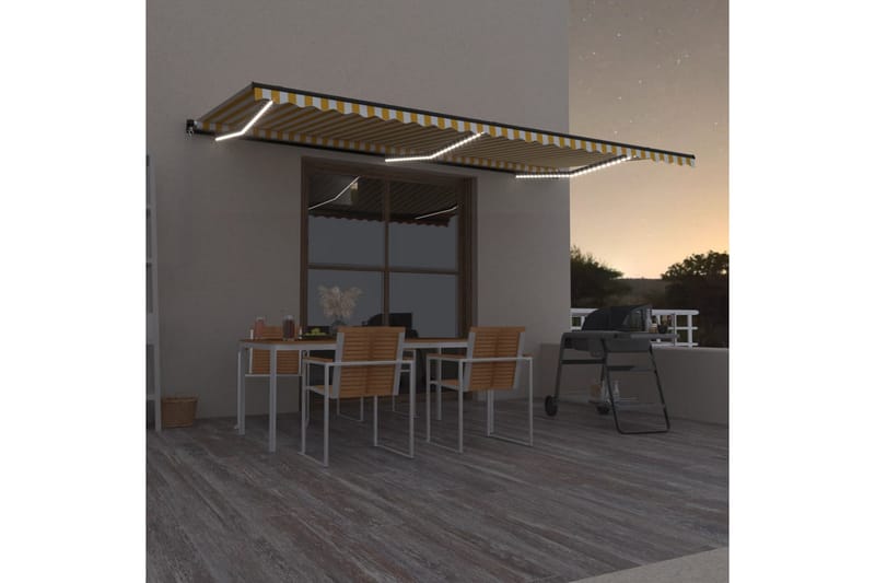 Manuell uttrekkbar markise med LED 600x350 cm gul og hvit - Gul - Hagemøbler - Solbeskyttelse - Markiser - Balkongmarkise
