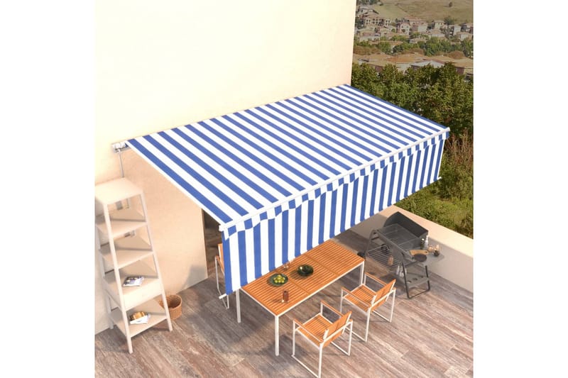 Manuell uttrekkbar markise med rullegardin 6x3 m blå og hvit - Blå - Vindusmarkise - Markiser - Solbeskyttelse vindu