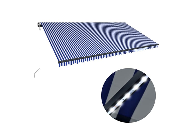 Markise med vindsensor og LED 600x300 cm blå og hvit - Hagemøbler - Solbeskyttelse - Markiser - Balkongmarkise