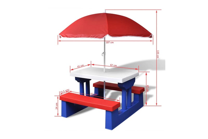 Barns piknikbord med benker og parasoll flerfarget - Hvit/Blå/Rød - Parasoller