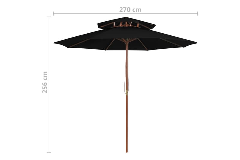 Dobbel parasoll med trestang 270 cm svart - Svart - Parasoller