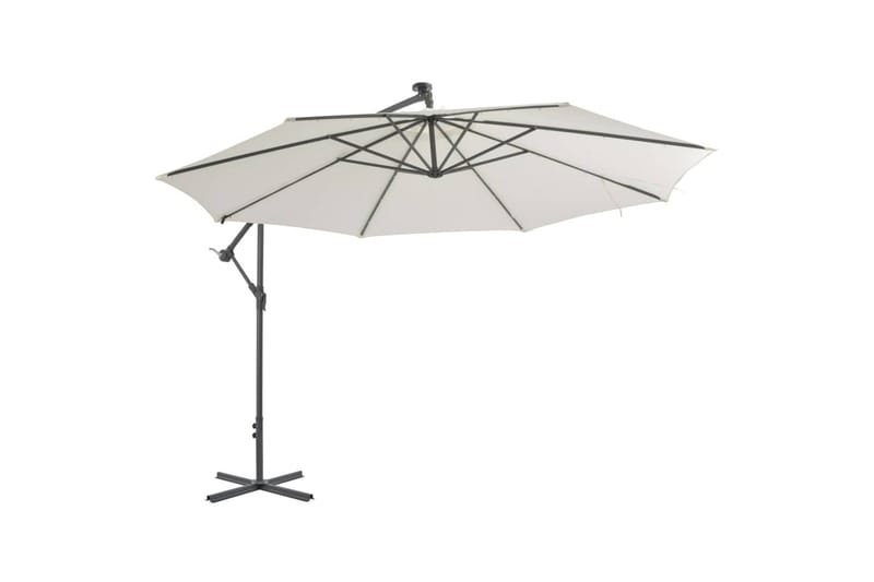 Hengeparasoll med LED-lys og metallstang 350 cm sandfarget - Hagemøbler - Solbeskyttelse - Parasoller - Hengeparasoll