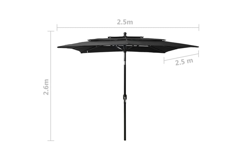 Parasoll med aluminiumsstang 3 nivåer 2,5x2,5 m svart - Parasoller