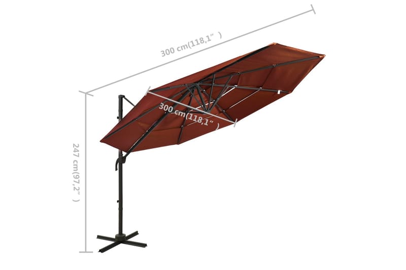 Parasoll med aluminiumsstang 4 nivåer 3x3 m terrakotta - Parasoller