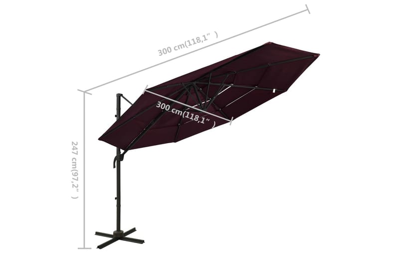 Parasoll med aluminiumsstang 4 nivåer 3x3 m vinrød - Rød - Parasoller