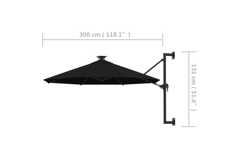 Veggmontert parasoll med LED og metallstolpe 300 cm svart - Svart - Parasoller