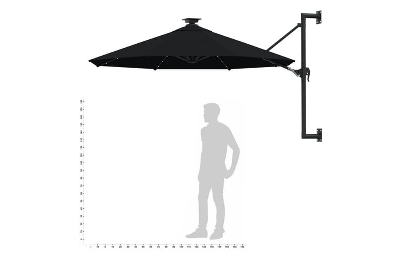 Veggmontert parasoll med LED og metallstolpe 300 cm svart - Svart - Parasoller