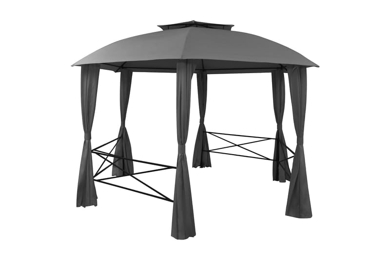 Hagepaviljong med gardiner heksagonal 360x265 cm - Grå - Hagemøbler - Solbeskyttelse - Paviljonger - Komplett paviljong