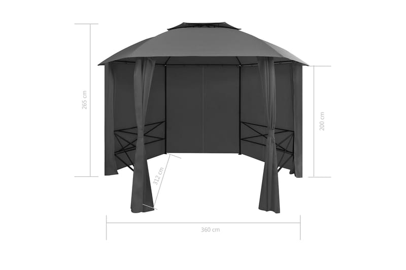 Hagepaviljong med gardiner heksagonal 360x265 cm - Grå - Hagemøbler - Solbeskyttelse - Paviljonger - Komplett paviljong