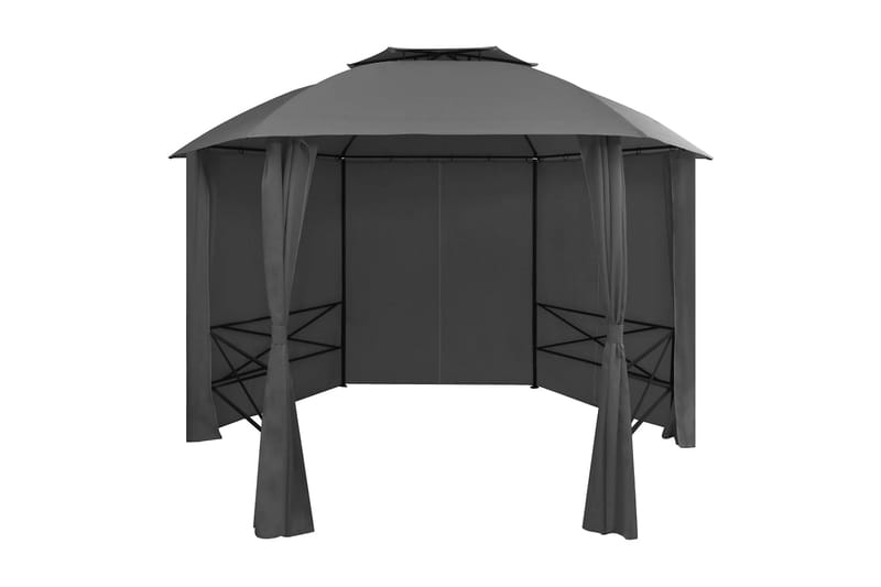 Hagepaviljong med gardiner heksagonal 360x265 cm - Grå - Hagemøbler - Solbeskyttelse - Paviljonger - Komplett paviljong