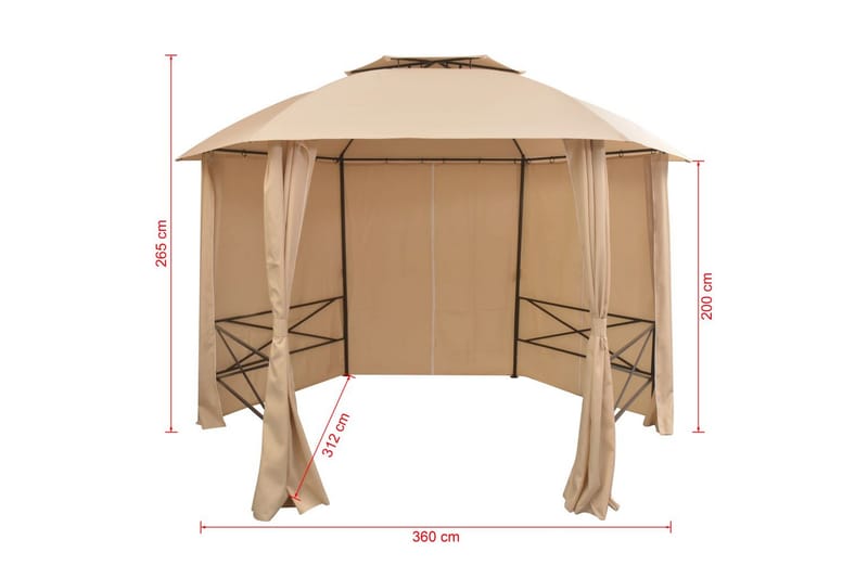 Hagepaviljong med gardiner heksagonal 360x265 cm - Hagemøbler - Solbeskyttelse - Paviljonger - Komplett paviljong