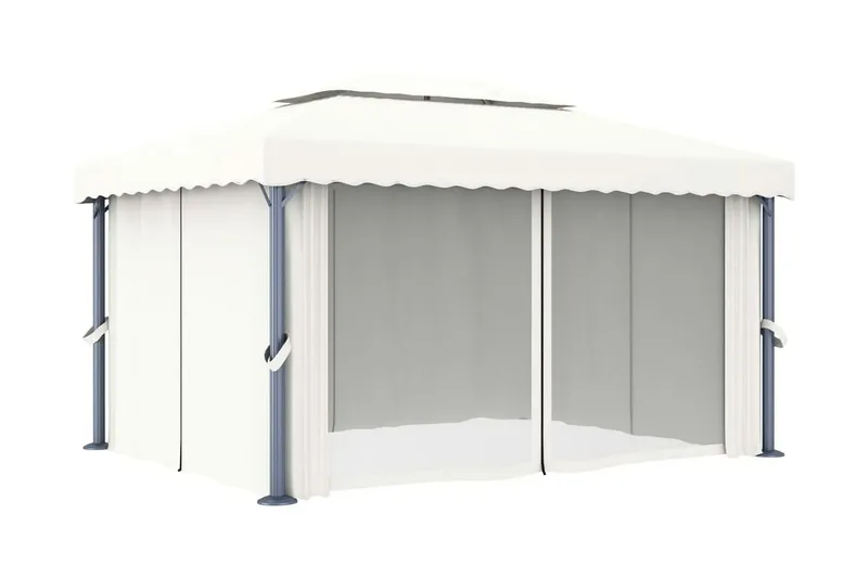Paviljong med draperi 4x3 m gräddvit aluminium - Hagemøbler - Solbeskyttelse - Paviljonger - Komplett paviljong