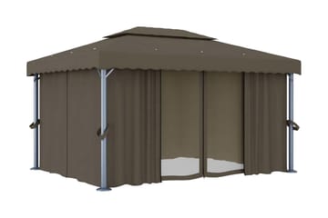 Paviljong med gardin 4x3 m gråbrun aluminium - Taupe - Hagemøbler - Solbeskyttelse - Paviljonger - Komplett paviljong