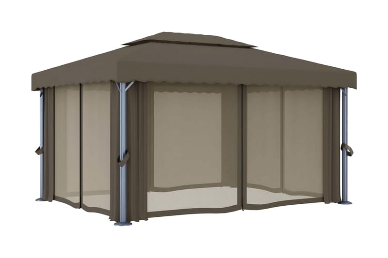 Paviljong med gardin 4x3 m gråbrun aluminium - Taupe - Hagemøbler - Solbeskyttelse - Paviljonger - Komplett paviljong