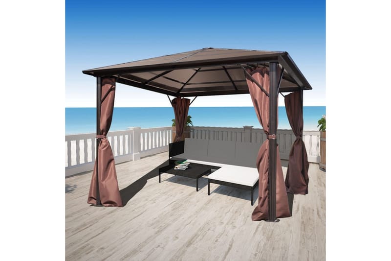 Paviljong med gardin brun aluminium 300 x 300 cm - Hagemøbler - Solbeskyttelse - Paviljonger - Komplett paviljong