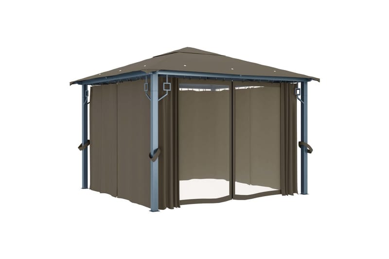 Paviljong med gardin og strenglys 300x300 cm aluminium - Taupe - Hagemøbler - Solbeskyttelse - Paviljonger - Komplett paviljong