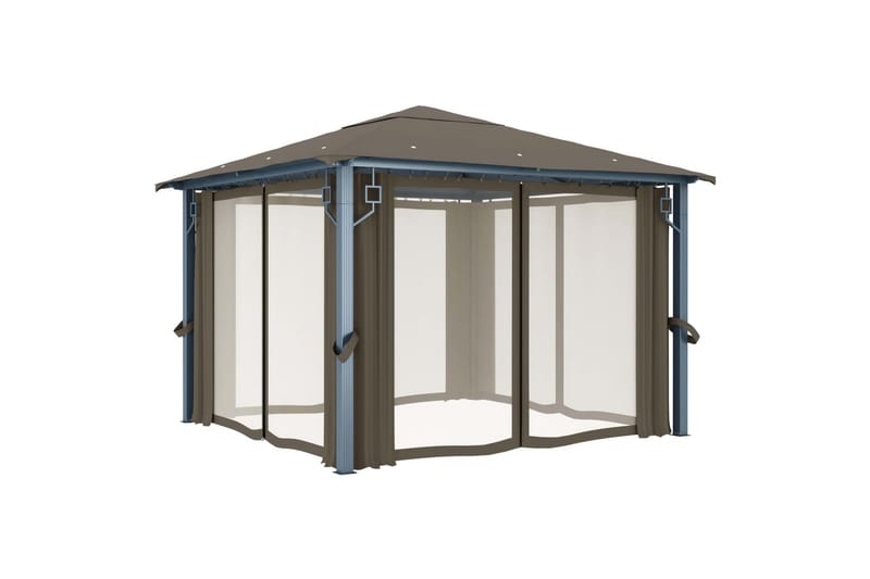 Paviljong med gardin og strenglys 300x300 cm aluminium - Taupe - Hagemøbler - Solbeskyttelse - Paviljonger - Komplett paviljong