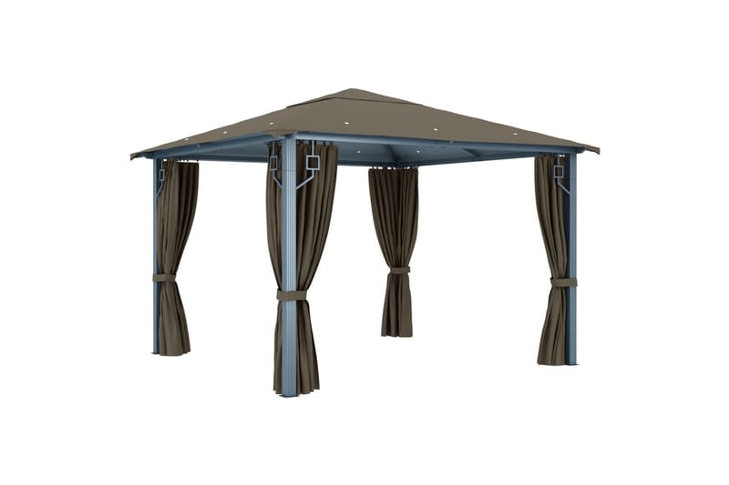 Paviljong med gardin og strenglys 300x300 cm aluminium - Taupe - Hagemøbler - Solbeskyttelse - Paviljonger - Komplett paviljong
