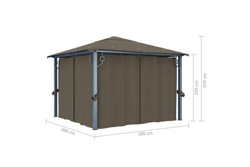 Paviljong med gardin og strenglys 300x300 cm aluminium - Taupe - Komplett paviljong