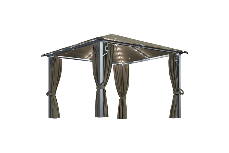 Paviljong med gardin og strenglys 300x300 cm aluminium - Taupe - Hagemøbler - Solbeskyttelse - Paviljonger - Komplett paviljong