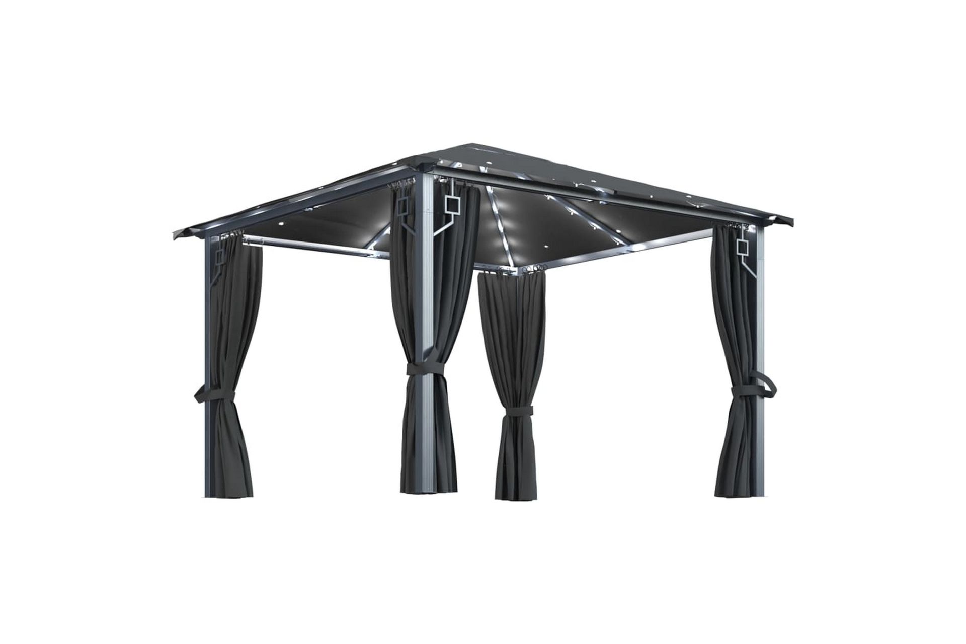 Paviljong med gardin og strenglys 300x300cm aluminium - Antrasittgrå - Hagemøbler - Solbeskyttelse - Paviljonger - Komplett paviljong