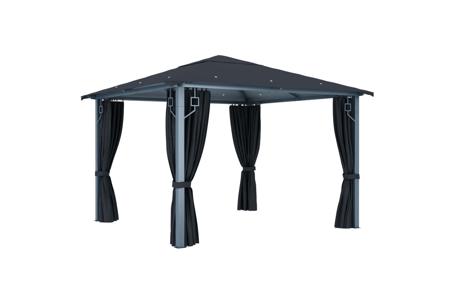 Paviljong med gardin og strenglys 300x300cm aluminium - Antrasittgrå - Hagemøbler - Solbeskyttelse - Paviljonger - Komplett paviljong