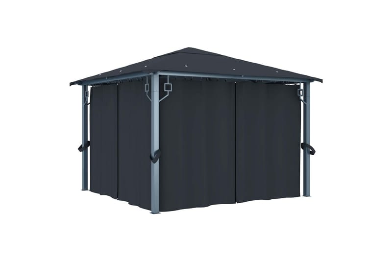 Paviljong med gardin og strenglys 300x300cm aluminium - Antrasittgrå - Hagemøbler - Solbeskyttelse - Paviljonger - Komplett paviljong