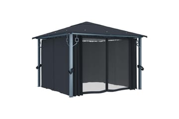 Paviljong med gardin og strenglys 300x300cm aluminium - Antrasittgrå - Hagemøbler - Solbeskyttelse - Paviljonger - Komplett paviljong