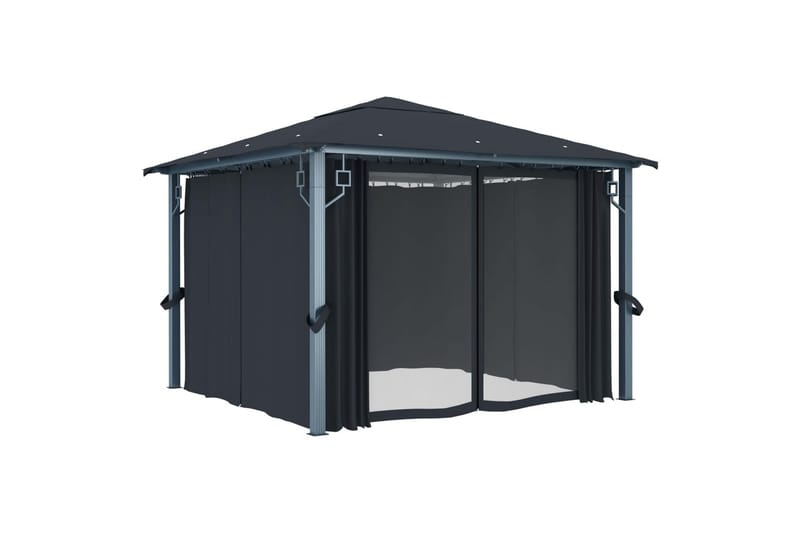Paviljong med gardin og strenglys 300x300cm aluminium - Antrasittgrå - Hagemøbler - Solbeskyttelse - Paviljonger - Komplett paviljong