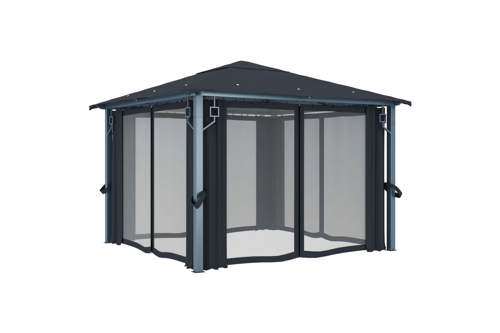 Paviljong med gardin og strenglys 300x300cm aluminium - Antrasittgrå - Hagemøbler - Solbeskyttelse - Paviljonger - Komplett paviljong