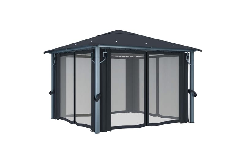 Paviljong med gardin og strenglys 300x300cm aluminium - Antrasittgrå - Hagemøbler - Solbeskyttelse - Paviljonger - Komplett paviljong