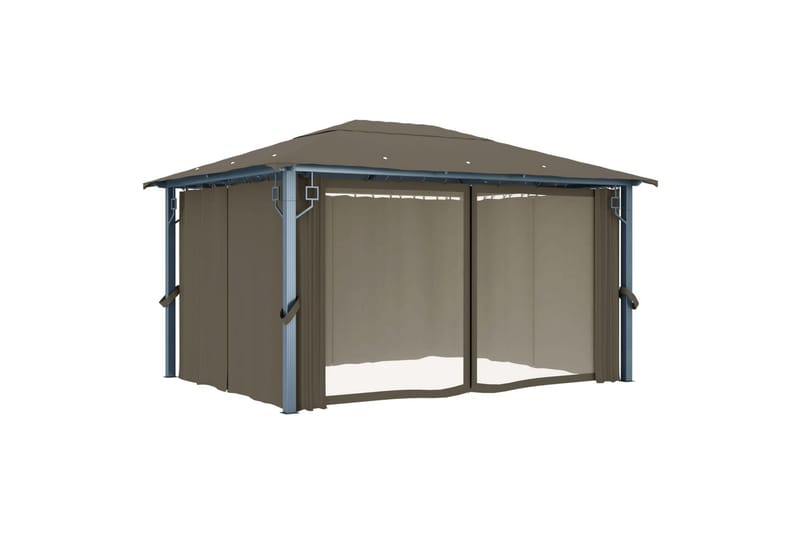 Paviljong med gardin og strenglys 400x300 cm aluminium - Taupe - Hagemøbler - Solbeskyttelse - Paviljonger - Komplett paviljong