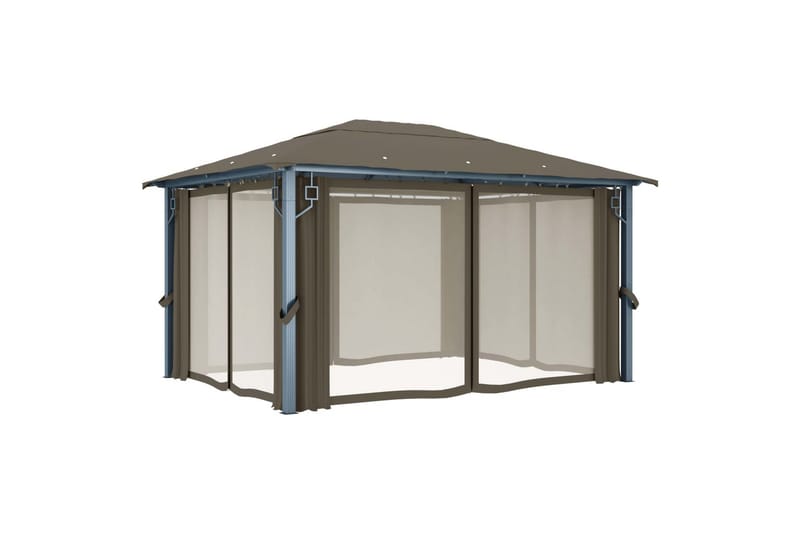 Paviljong med gardin og strenglys 400x300 cm aluminium - Taupe - Hagemøbler - Solbeskyttelse - Paviljonger - Komplett paviljong