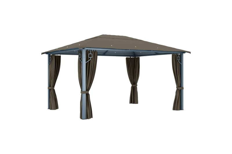 Paviljong med gardin og strenglys 400x300 cm aluminium - Taupe - Hagemøbler - Solbeskyttelse - Paviljonger - Komplett paviljong