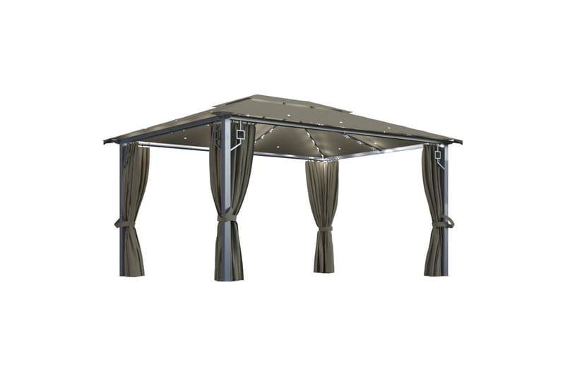 Paviljong med gardin og strenglys 400x300 cm aluminium - Taupe - Hagemøbler - Solbeskyttelse - Paviljonger - Komplett paviljong