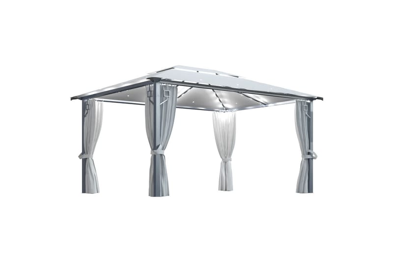 Paviljong med gardin og strenglys 400x300 cm krem aluminium - Krem - Hagemøbler - Solbeskyttelse - Paviljonger - Komplett paviljong