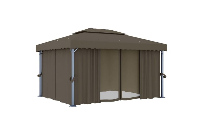 Paviljong med gardin og strenglys 4x3 m gråbrun - Taupe - Hagemøbler - Solbeskyttelse - Paviljonger - Komplett paviljong