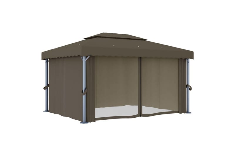 Paviljong med gardin og strenglys 4x3 m gråbrun - Taupe - Hagemøbler - Solbeskyttelse - Paviljonger - Komplett paviljong