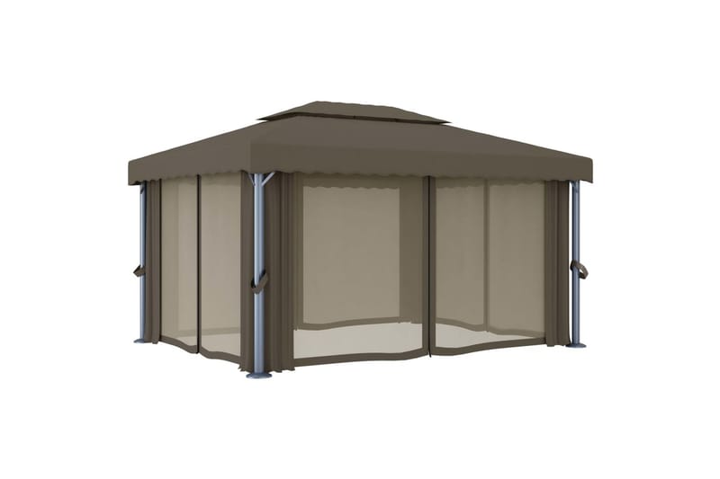 Paviljong med gardin og strenglys 4x3 m gråbrun - Taupe - Hagemøbler - Solbeskyttelse - Paviljonger - Komplett paviljong