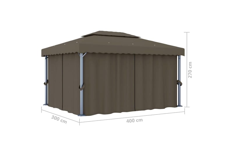 Paviljong med gardin og strenglys 4x3 m gråbrun - Taupe - Hagemøbler - Solbeskyttelse - Paviljonger - Komplett paviljong