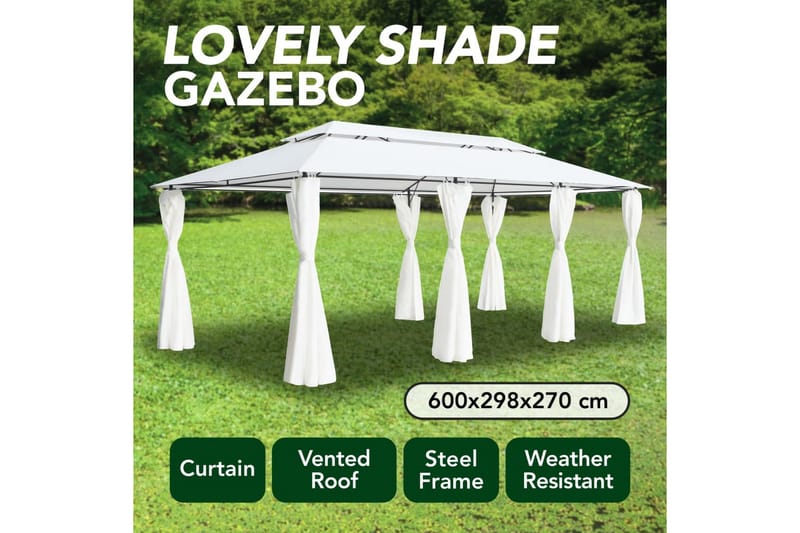 Paviljong med gardiner 600x298x270 cm hvit 180g/m² - Hvit - Hagemøbler - Solbeskyttelse - Paviljonger - Komplett paviljong
