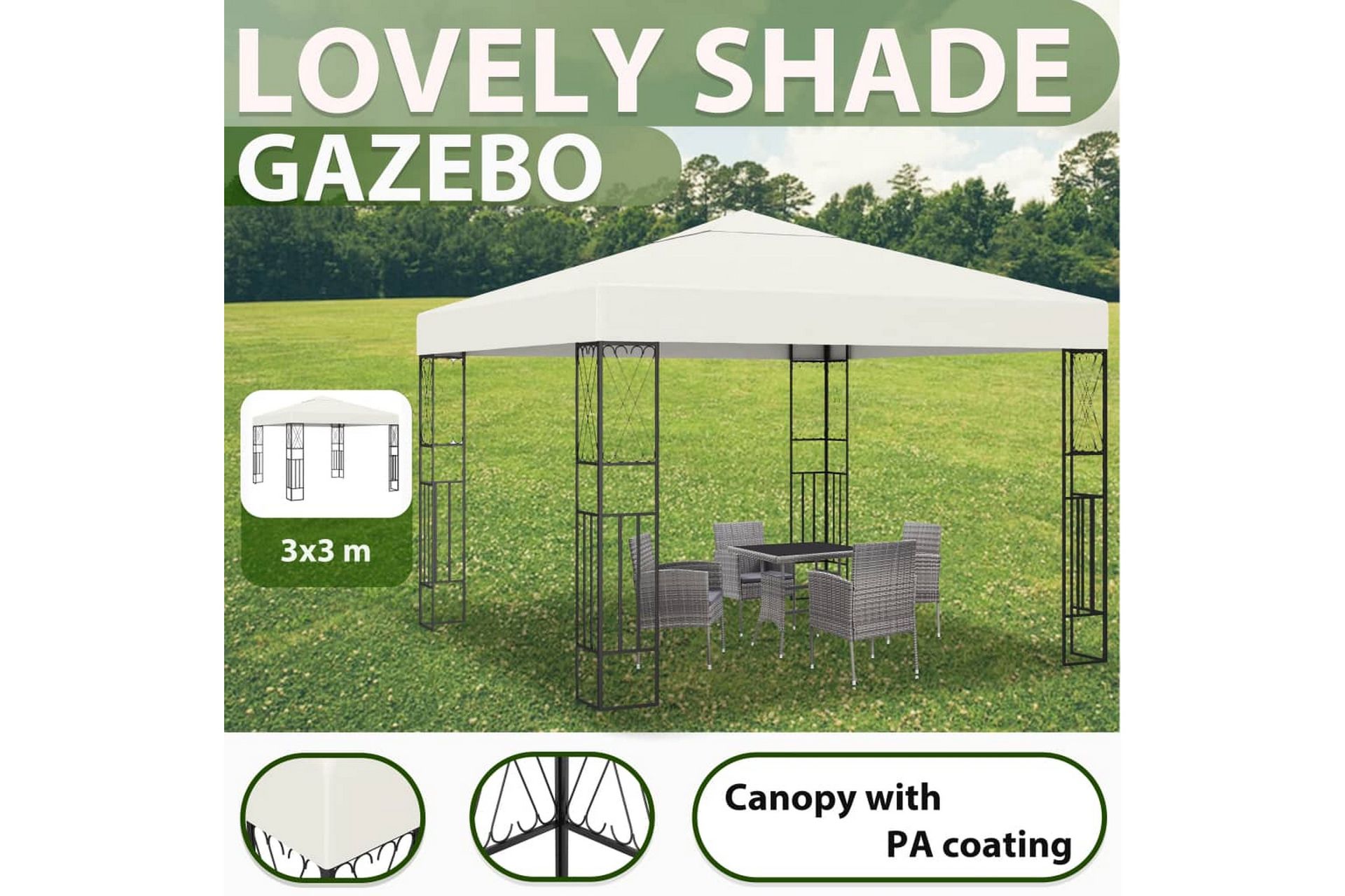 Paviljong med lysslynge 3x3 m kremhvit stoff - Krem - Hagemøbler - Solbeskyttelse - Paviljonger - Komplett paviljong