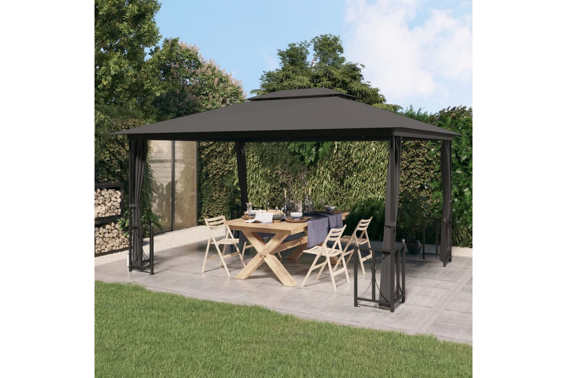 Paviljong med sidevegger og dobbelt tak 3x4 m antrasitt - Antrasittgrå - Hagemøbler - Solbeskyttelse - Paviljonger - Komplett paviljong