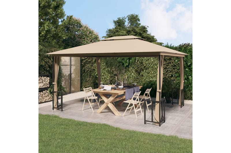 Paviljong med sidevegger og dobbelt tak 3x4 m gråbrun - Taupe - Hagemøbler - Solbeskyttelse - Paviljonger - Komplett paviljong